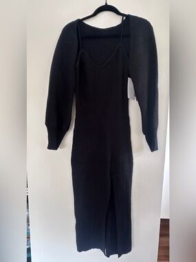 Black Ribbed Knit Midi Dress with Puff Sleeve Cardigan